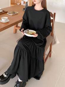 DAZY 女士圆领纯色荷叶边下摆韩版休闲中长连衣裙/吊带裙 - 黑色 - 查看 2