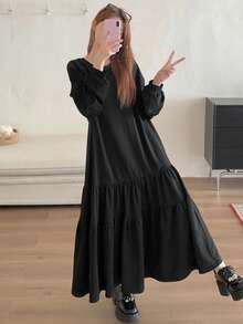 DAZY 女士圆领纯色荷叶边下摆韩版休闲中长连衣裙/吊带裙 - 黑色 - 查看 3