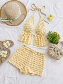 SHEIN WYWH 女士度假休闲纯色露背吊带上衣和短裤两件套 - 淡黃色 - 查看 4