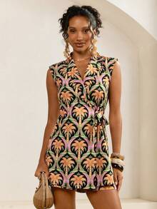 Tropical Plant Print Wrap Sleeveless Jumpsuit, Summer - Multicolor - View 1