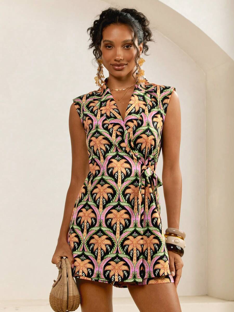 Tropical Plant Print Wrap Sleeveless Jumpsuit, Summer - Multicolor - View 1