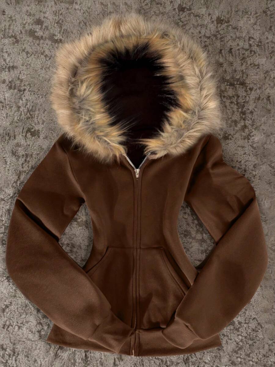 Glimmora 新款女士拉链卫衣，灰色长袖外套 - 咖啡棕 - 查看 1