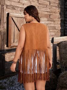Ceyna Brown Fringed Patchwork Hollow Out Sleeveless Suede Vest, Slimming Summer Jacket, Plus Size, Versatile Brown Vest Jacket - Brown - View 2