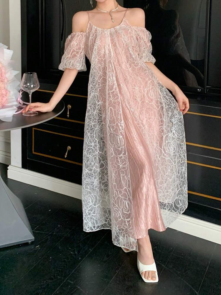 Women's Floral Mesh Open Shoulder Short Sleeve Loose Long Dress Summer Sundress Cocktail Dress