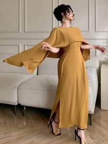 DAZY Bộ 2 món váy không tay màu trơn thanh lịch dành cho nữ, kiểu dáng bất đối xứng và áo khoác ngoài, thích hợp cho mùa xuân/hè, váy dự tiệc cưới cho nữ. - Màu vàng - Xem 10