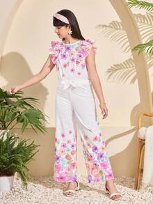 SHEIN Bộ đồ hai mảnh thường ngày dành cho bé gái tuổi teen, phù hợp cho mùa xuân/hè, kỳ nghỉ, sinh hoạt hàng ngày, học đường, cuối tuần, họp mặt gia đình, thiết kế đa năng. - trắng - Xem 4