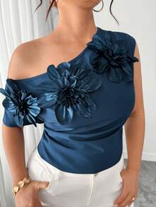 Elenzga Plus Size Women Floral Decor Oblique Shoulder Fashionable Vintage Elegant Casual Date Holiday Blouse - Blue - View 6