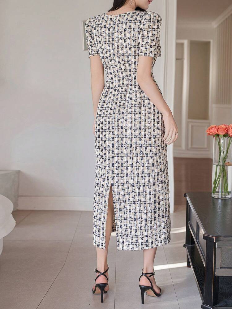 Women's Elegant Textured Square Neck Puff Sleeve Dress, Summer Wedding Guest Dress Maxi Dress Sundress