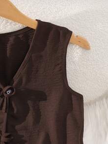 SHEIN 2pcs/Set Casual Minimalist Fashion Set For Teenage Girls, Includes Solid Color Sleeveless Cardigan With Bow And Solid Color Casual Shorts, Suitable For Daily Wear, Walking, And Staying At Home