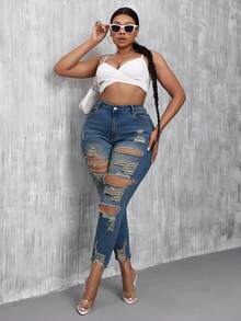 SHEIN SXY Quần jean skinny co giãn rách rưới thời trang mùa hè cỡ lớn - Rửa trung bình - Xem 1