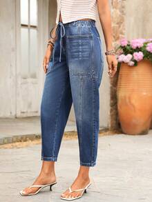 Breezaya Women's Casual Vacation Style Drawstring Multi-Pocket Design Denim Cropped Pants - Medium Wash - View 5