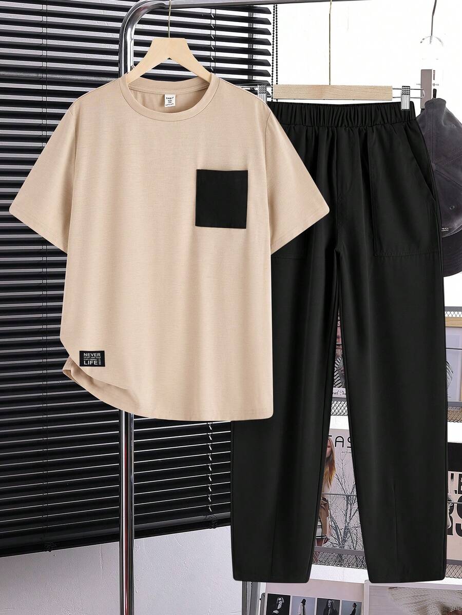 SHEIN 2件組青少年男孩休閒舒適百搭對比色口袋短袖上衣與長褲套裝 - 黑色 - 查看 1