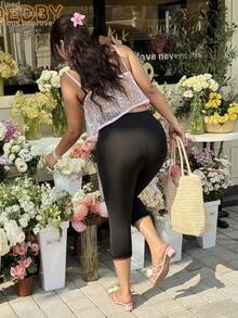 GalTyme 大码女式高腰纯色撞色网纱荷叶边七分裤 - 黑色 - 查看 2