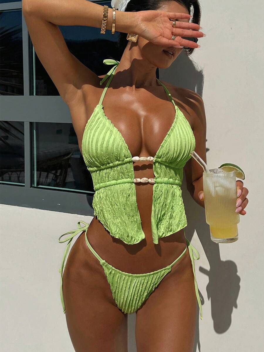 Bonvoyette 女士纯色提花面料吊带露背抽绳系带挂脖性感可爱少女沙滩比基尼泳装套装 - 綠色 - 查看 1