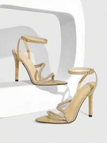 CUCCOO SZL 简约别致细带水晶高跟凉鞋，百搭高跟凉鞋，适合户外和街头穿着，春季鞋履，春假复活节 - 蛇皮金色 - 查看 4