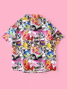 THE POWERPUFF GIRLS X SHEIN Chemise d'été décontractée grande taille à imprimé tout-sur-tout avec boutons devant et manches courtes - Multicolore - Voir 2