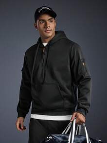 Driftmere Men's Casual Fashionable Half-Zip Hooded Sweatshirt With Thermal Lining, Minimalist Outdoor Pullover, Autumn/Winter, Long Sleeve Top - Black - View 1