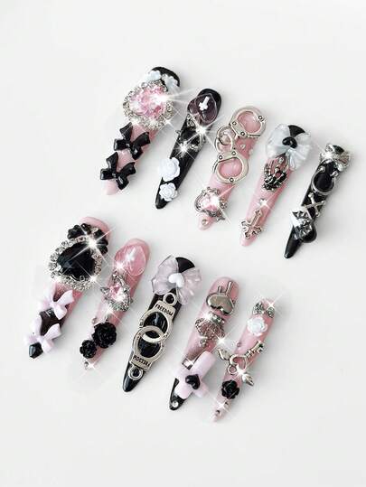 ROMWE Anime 10片甜美酷炫的风十字皇冠蝴蝶结大爱心蝴蝶元素高品质手工假指甲+3卷双面胶带，Y2K风格黑粉双色美甲，批量生产可拆卸超长杏仁形佩戴护甲，适合节日派对、舞会和日常佩戴。