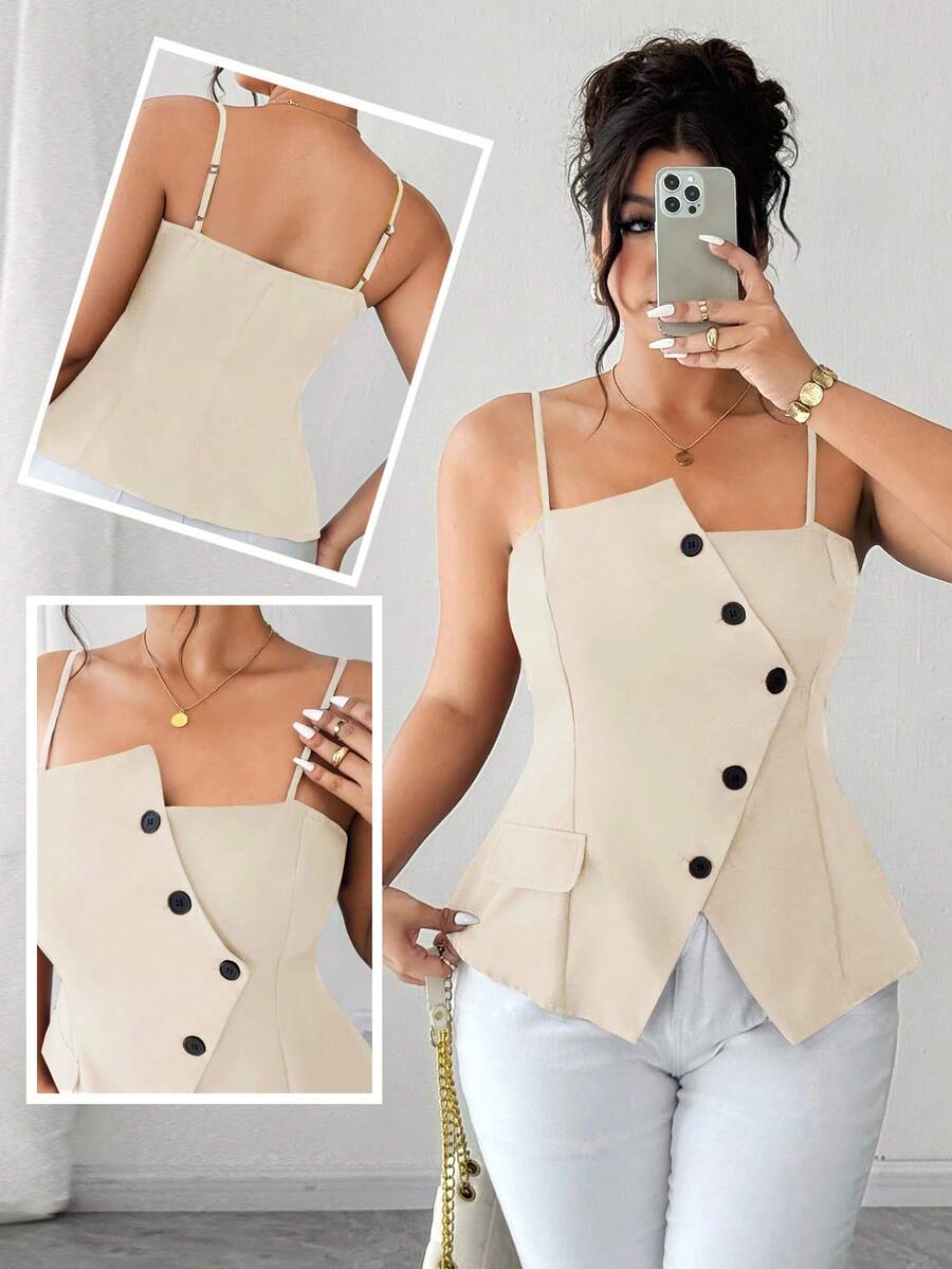 Elenzga Plus Size Elegant 2025 New Brown Asymmetric Waist Cinching Stylish Versatile Commute Casual Camisole With Adjustable Straps, A-Line Hem Slit Camisole, Suitable For Spring, Summer, Autumn, Layering, Dates, Parties, Commute, Minimalist Versatile Tops For Women Elegant Women Cami Top Dress Top Classy Top Corsets Women Tops - Apricot - View 1