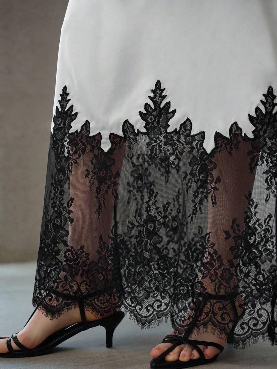 MOTF PREMIUM WOMEN'S SATIN & LACE PATCHWORK CONTRAST COLOR SKIRT - Black and White - View 2