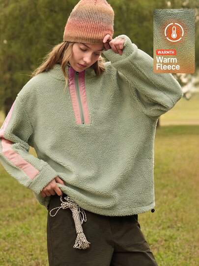 SHEIN In My Nature Women's Contrast Color Drop Shoulder Long Sleeve Sherpa Outdoor Jacket