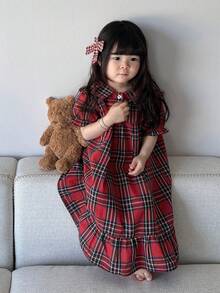 DAZY 女嬰韓式格紋長袖荷葉領舒適居家服幼兒 - 紅色 - 查看 8