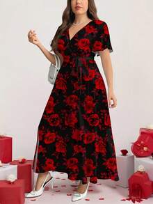 Firerie Elegant Vintage Rose Floral Pattern Loose Plus Size Dress, Suitable For Dates - Multicolor - View 5