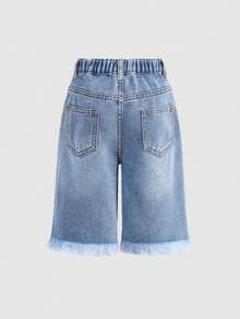 女童蓝色牛仔破洞宽松短裤 - 淺色水洗藍 - 查看 5