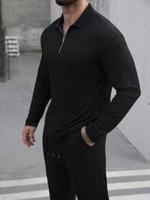 Manfinity Homme Bộ đồ nam gồm áo polo dài tay màu trơn và quần ống rộng có dây rút. - màu đen - Xem 4