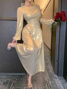 DAZY Vestido Formal de Cetim Dourado Primavera/Verão, Vestido Longo Elegante para o Dia dos Namorados, Casamento, Festa, Baile de Formatura, Coquetel, Vestido Cintilante para Trabalho - Dourado - Visão 5