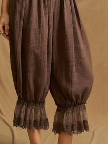 SHEIN ICON Y2k 女士黑色西部波西米亚风度假休闲纯色抽绳灯笼裤，春夏款 - 棕色 - 查看 4