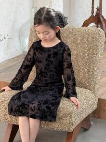 DAZY Young Girl Floral Flocked & Mesh Long Sleeve Casual Dress - Black - View 2