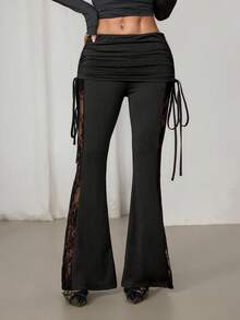 SHEIN PETITE 女士黑色蕾丝侧拼接腰部抽绳喇叭裤，性感度假风 - 黑色 - 查看 3