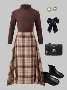 SHEIN 少女纯色立领T恤和格子裙套装 - 棕色 - 查看 4