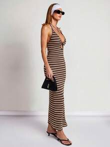 COSMINA Women's Striped Print Halter Backless Dress - Coffee Brown - View 5