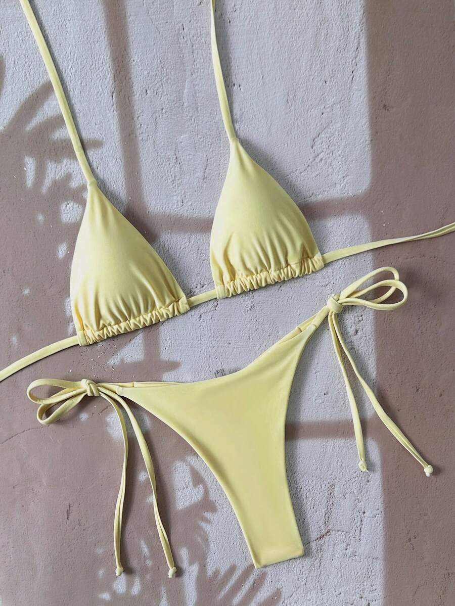 Swim Vcay 女士纯色露背系带性感丁字裤比基尼套装 - 鵝黃色 - 查看 1