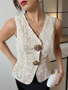 Lavishia Women's Sleeveless Metal Rose Button Shirt, French Style, Casual & Office Wear, High-End Summer Blouse  Summer Tops Valentine's Day Elegant White Top White Elegant Top Lace White Top Women Tops Elegant White Vest For Women Womens Tops Dressy