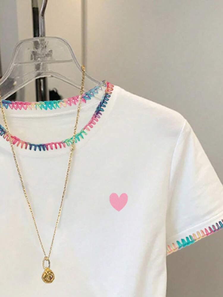 Resyla Camiseta casual de mujer con estampado de corazón y ribete de contraste, verano - Blanco - Añade 5