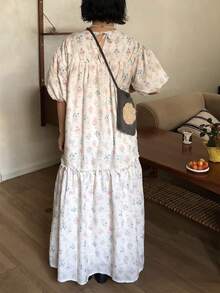FRIFUL 女士夏季度假风印花泡泡袖荷叶边下摆连衣裙波西米亚风 - 白色 - 查看 6