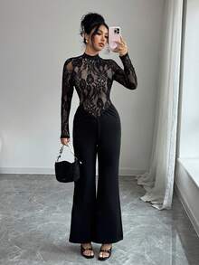 Rafferiza 女士优雅通勤蕾丝拼接连体裤 - 黑色 - 查看 5