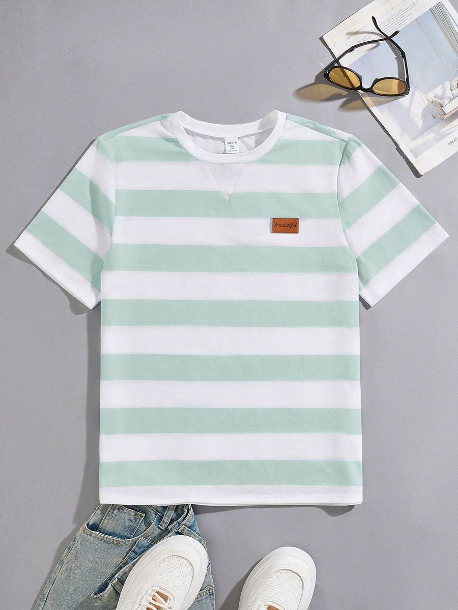 SHEIN 青少年男童休闲宽松舒适百搭条纹短袖上衣 - 薄荷綠 - 查看 1