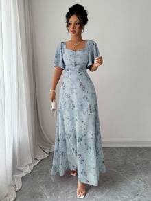 Modelyn Women's Chiffon Butterfly Print Bat Sleeve Pleated Sweet French Style Summer Dress - Mint Green - View 6