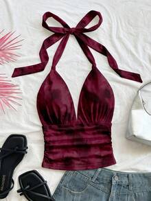 Soleia Women's Casual Vacation Camisole, Women's Summer Clothing, Women's Vacation Camisole, Backless, Ruched, Tie-Dye Print, Angola Red,Spring Outfit Women,Summer ,Going Out Tops For Women,Vacation Outfits Women - Multicolor - View 3