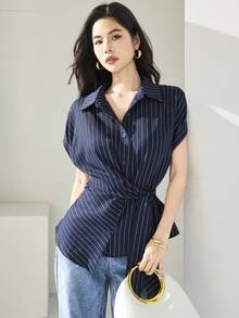 Heiryn 女士条纹蝙蝠袖单排扣系腰休闲/工作衬衫 - 藍色 - 查看 1