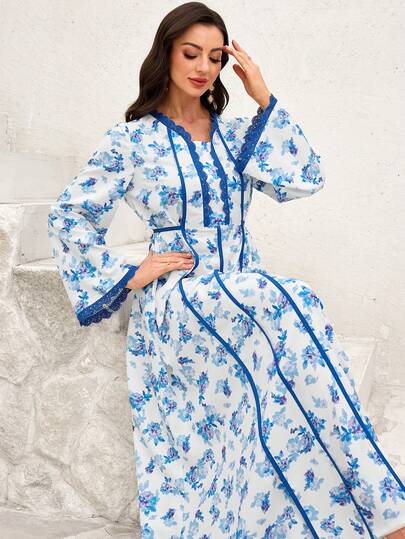 Al Najma Robe de style arabe pour femmes, printemps/été, avec manches évasées, col, garniture contrastée et détails de nœud