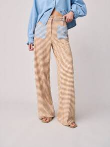 Nöista Quần ống rộng, cạp trung, họa tiết kẻ caro màu xanh dương tương phản ở túi và cạp quần. Thích hợp cho mùa xuân, hè. - Màu Khaki - Xem 1