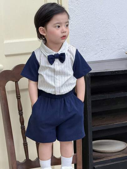 DAZY Bộ 3 món cho bé trai: áo polo cổ bẻ kẻ sọc tay ngắn, quần short và nơ đeo cổ, trang phục lịch lãm dự tiệc.