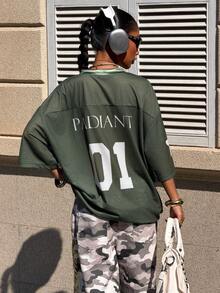 Muchica Women's Letter & Number Print Casual Street Style Short Sleeve T-Shirt, Everyday Wear Green Graphic Shirt Green Jersey - Army Green - View 3