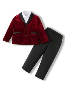 2pcs/Set Young Boy Young Boy Green Velvet Blazer Jacket & Black Pants Outfit, Gentleman Suit, Suitable For Indoor, Outdoor, Daily, Sports, Play, Party, Photo Shoot, Wedding, Christening, Elegant, Wedding Guest, Pageboy, Ring Boy, Wedding, Festival, Halloween, Christmas, New Year In Spring/Summer/Autumn/Winter - Burgundy - View 3