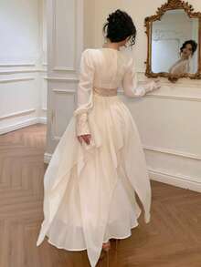 DAZY 春夏亮面拼接优雅长裙，适合情人节、婚礼、派对、正式场合，修身剪裁，通勤休闲长款连衣裙 - 杏色 - 查看 5